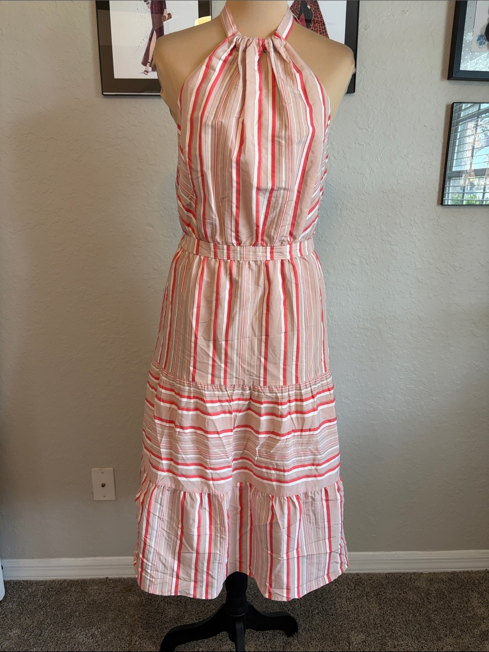 Kaari Blue striped halter neck dress size medium tan, cream and orange